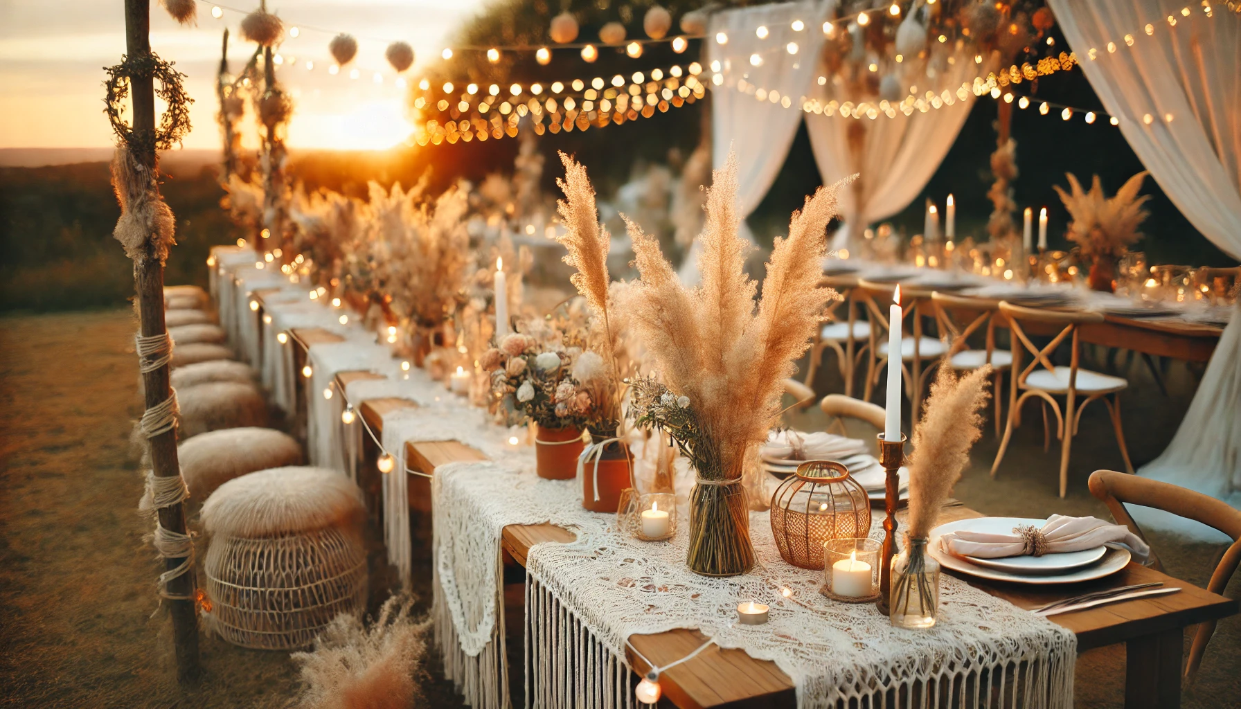 Boho καλοκαιρινή διακόσμηση γάμου με pampas grass, fairy lights και φυσικά υλικά σε ένα ρομαντικό υπαίθριο σκηνικό.